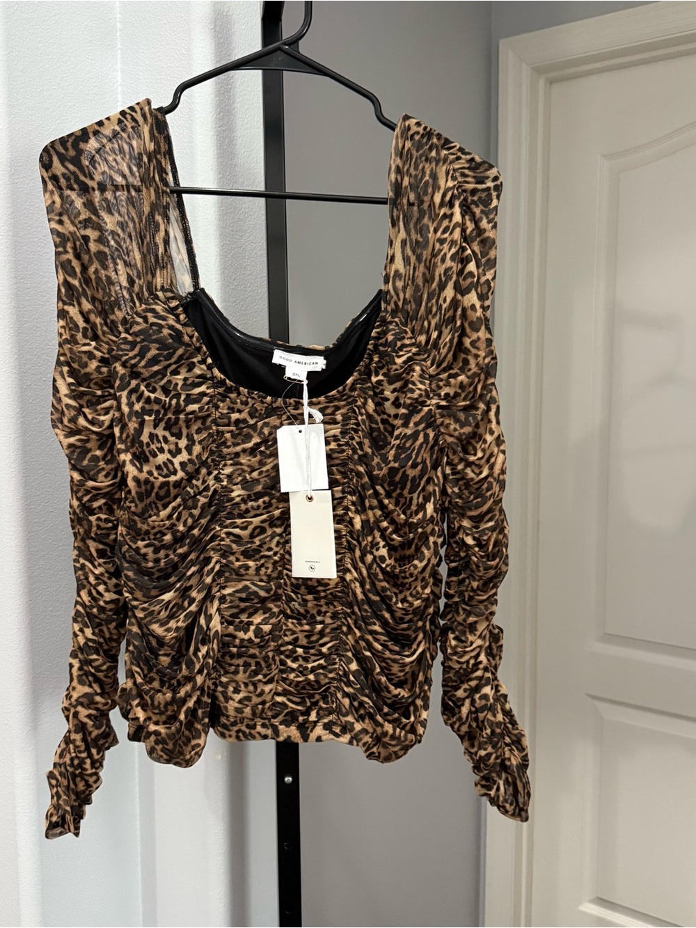 Good American Rouches Leopard Cheetah Top Long Sleeve Evening Size 3X Ruffled - Picture 3 of 6